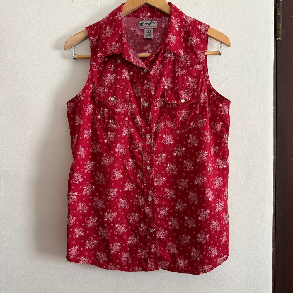 WRANGLER Wrancher Shirts Red Paisley Bandanna Pearl Snap Sleeveless Shirt Medium